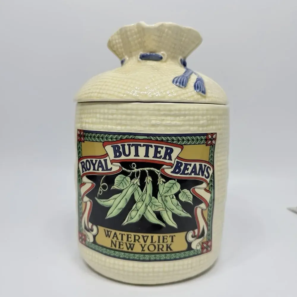 Vtg Large Hearth Burlap Sack Kitchen Canister Jar 1988 Royal Butter Beans 8.5